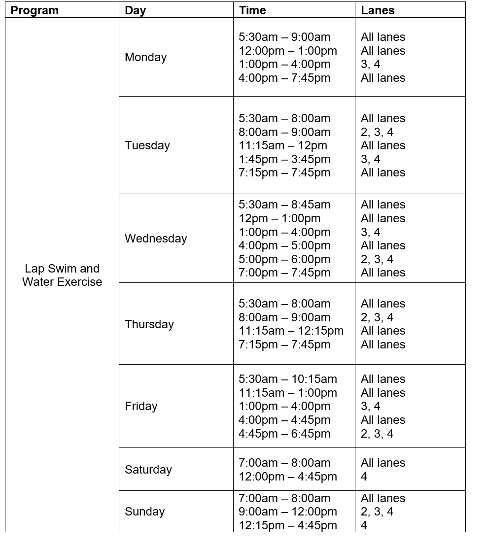 Weekly pool schedule listing programs and open-swim times.