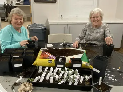 two seniors planting multiple seed pods for the Bloomin Seniors Gardening Group