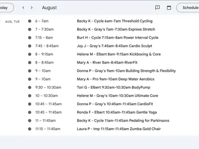 Online group fitness class schedule.