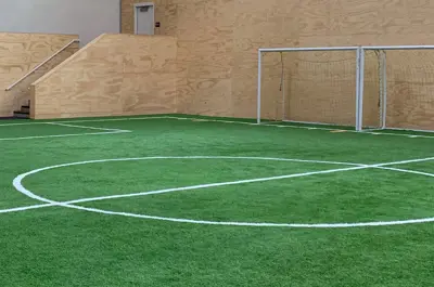 Indoor turf field with soccer goals and field markings.