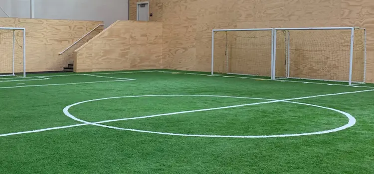 Indoor turf field with soccer goals and field markings.