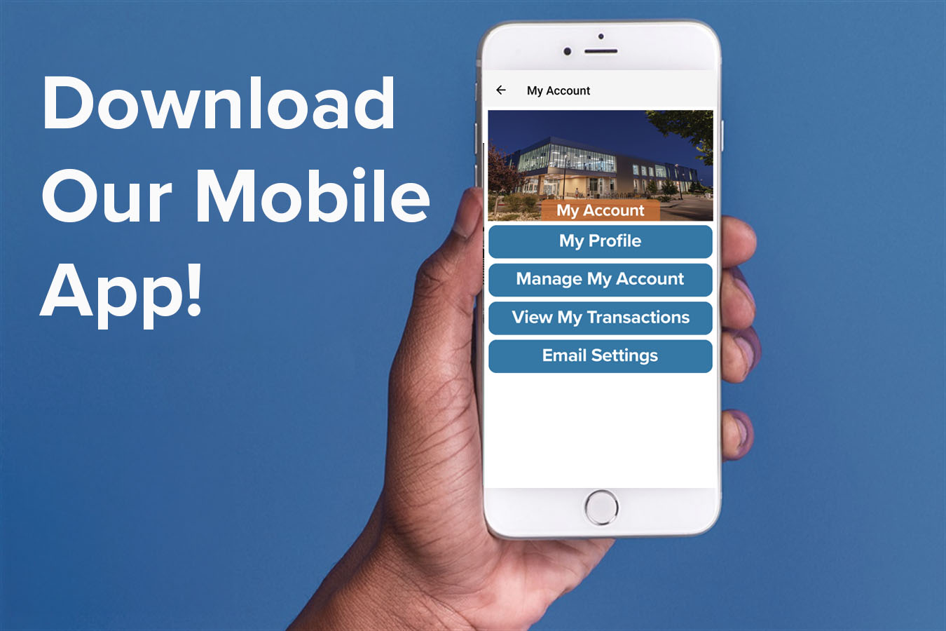 Hand holding a phone promoting the recreation center mobile app.